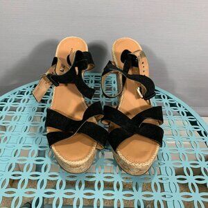 Madison Harding Heels Womens 8 Black Suede Strappy Buckle Cork Platform